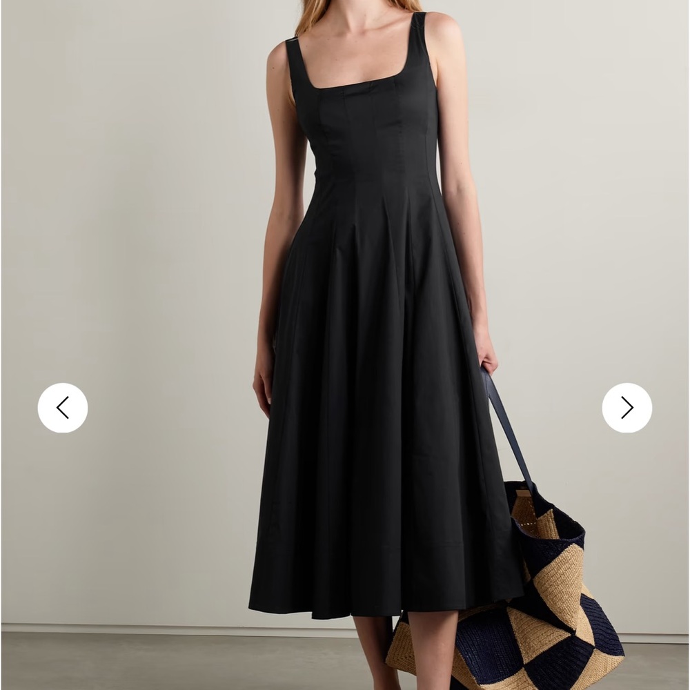 Staud Wells Pleated Cotton Elegant Black Midi Dress